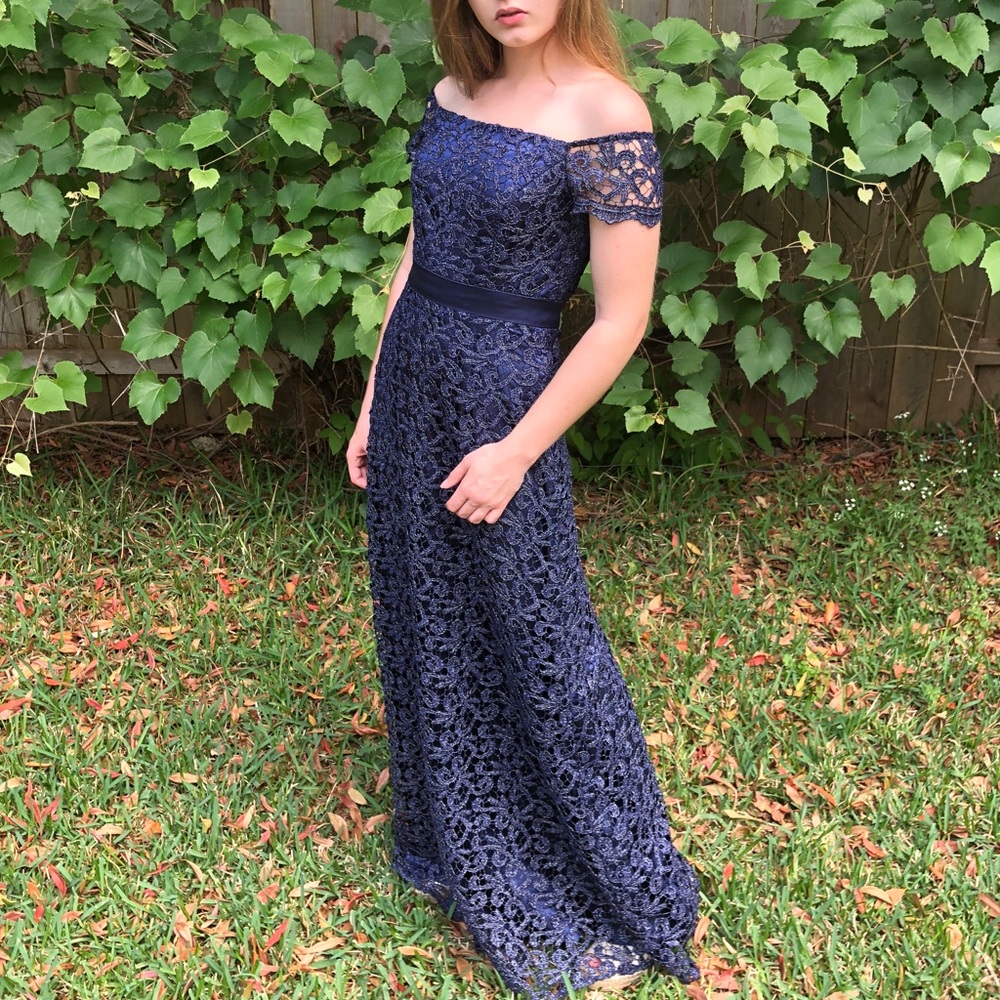 Blue Lace Off the Shoulder Gown